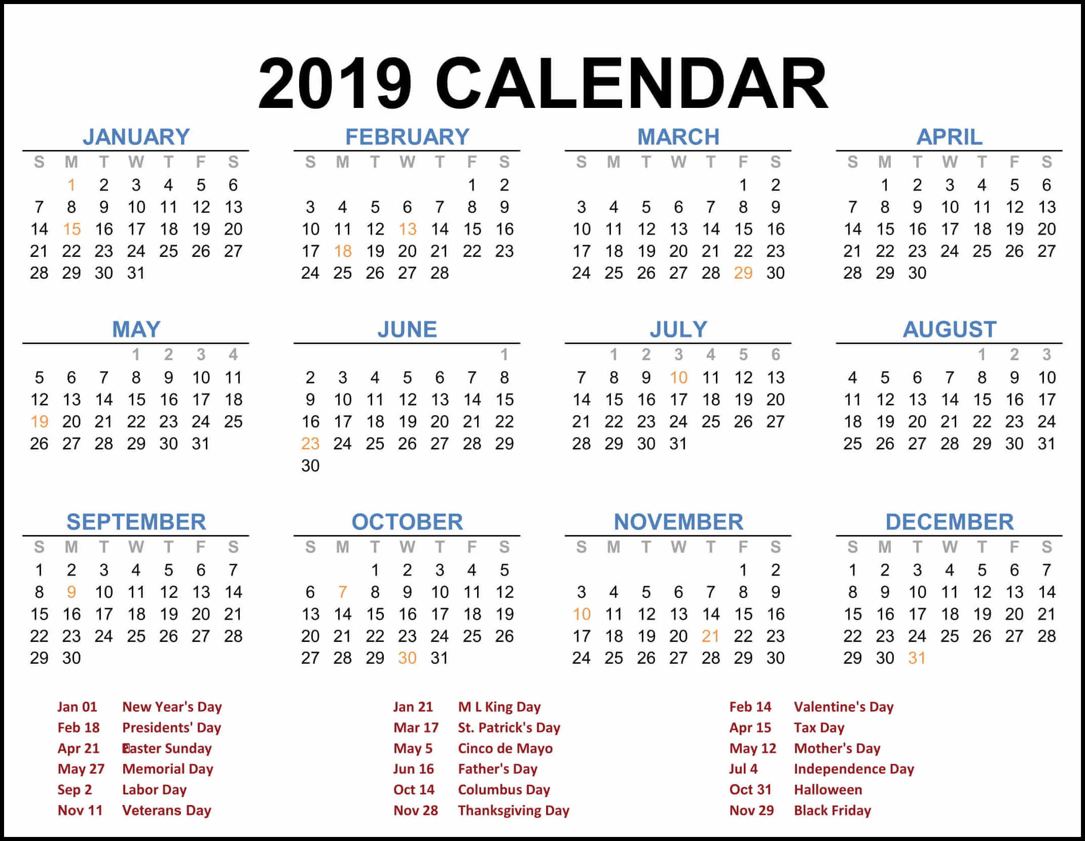 2019 Calendar Printable- 12 Month Calendar On One Page