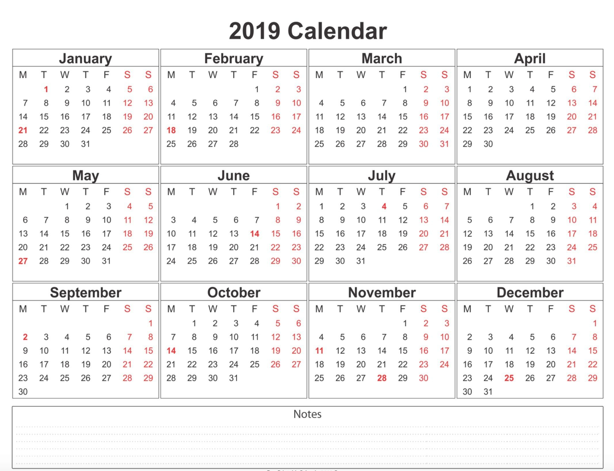 2019 Calendar Printable Free A4 Template | Weekly Calendar