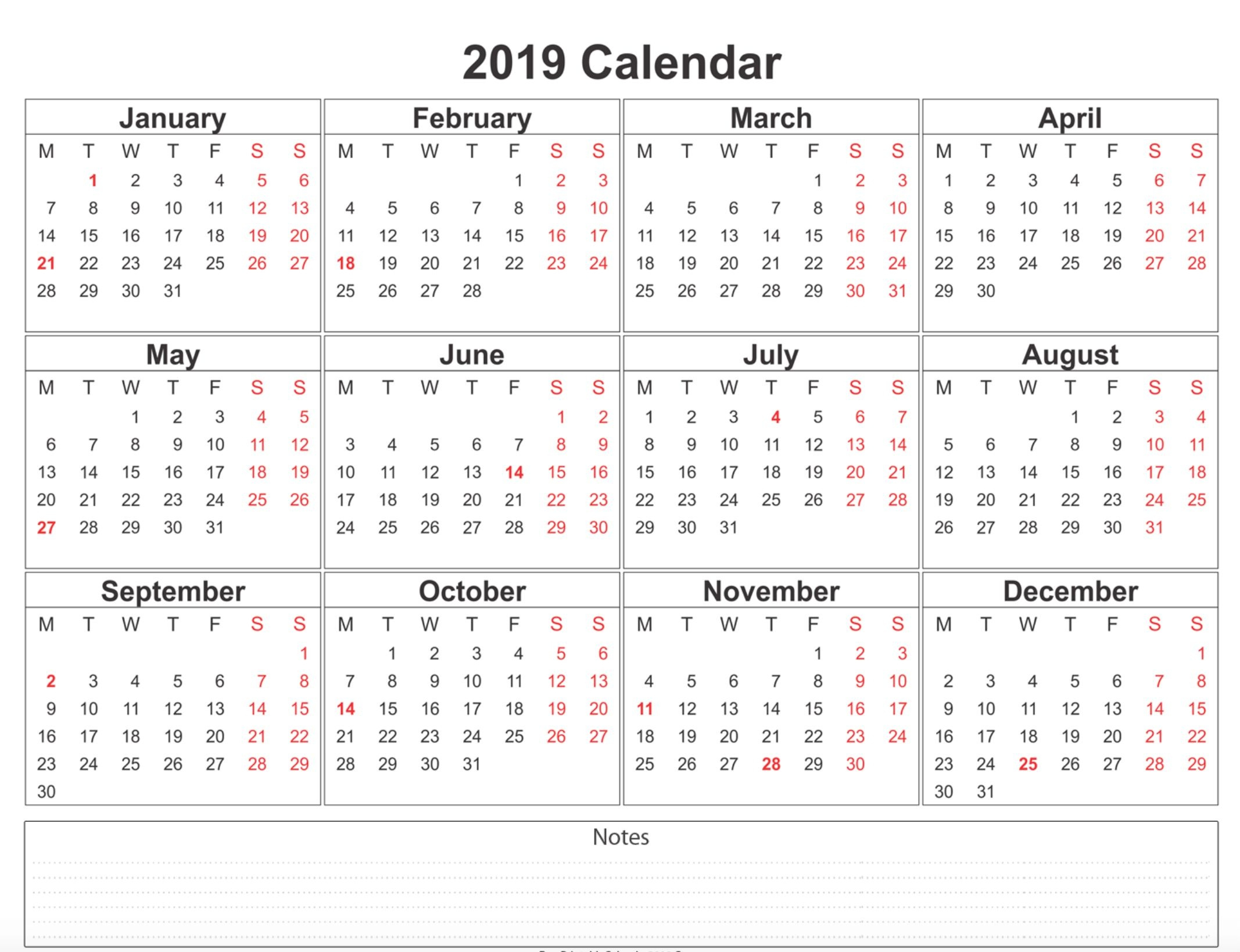 2019 Calendar Printable Free A4 Template