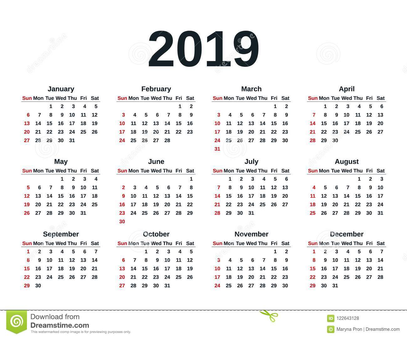 2019 Calendar Year. Vector Illustration. Template Planner