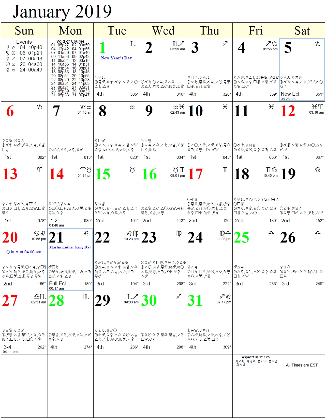 2019 Monthly Calendar With Zodiac – Template Calendar Design
