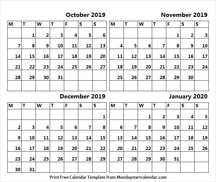 2019 October November December And 2020 January Calendar