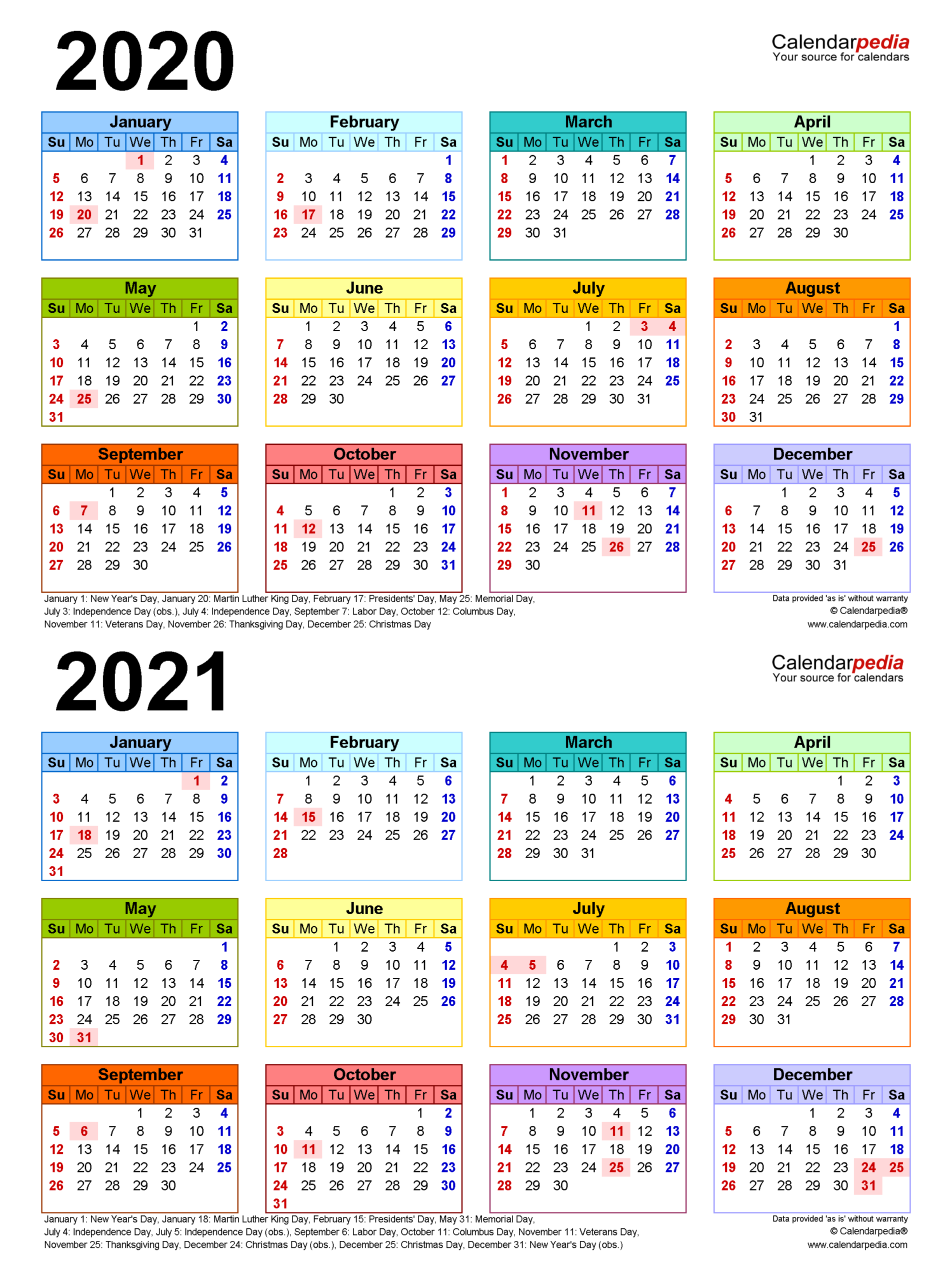 2020-2021 Two Year Calendar - Free Printable Word Templates