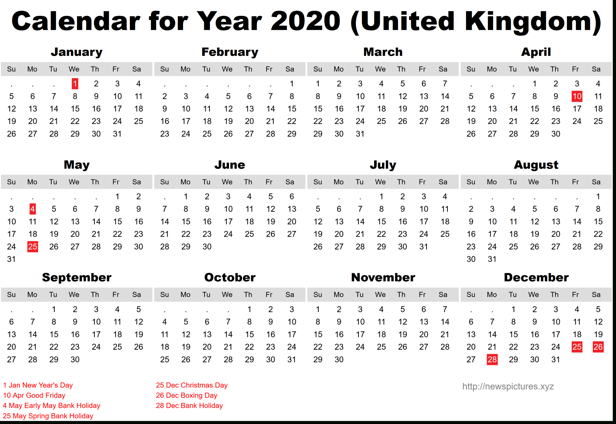 2020 Calendar Bank Holidays | Free Printable Calendar