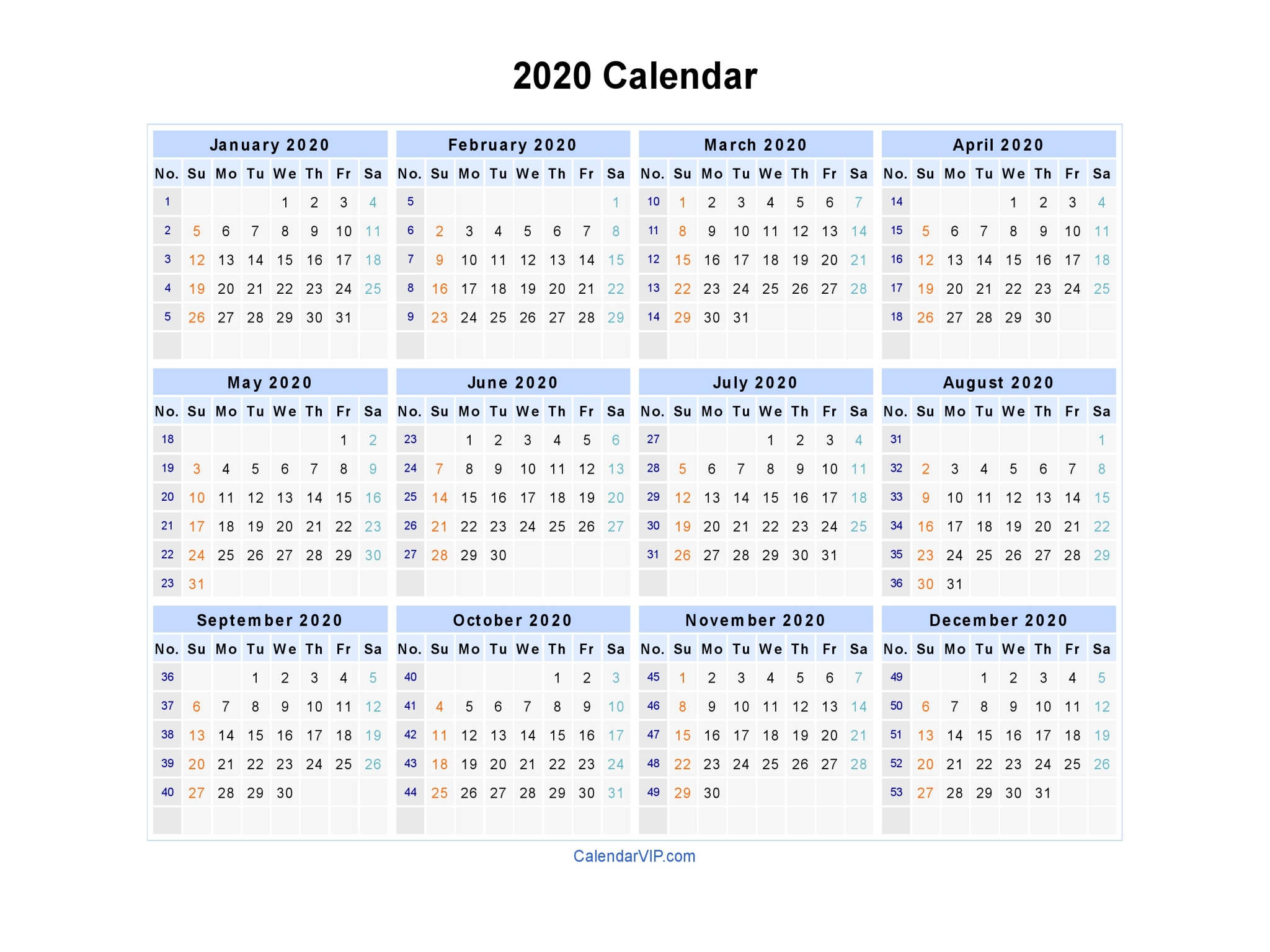 2020 Calendar Printable Five Day Week | Example Calendar