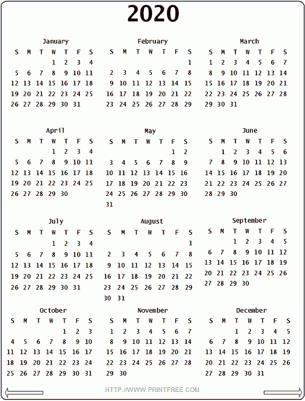2020 Calendar | Printable Yearly Calendar, Yearly Calendar
