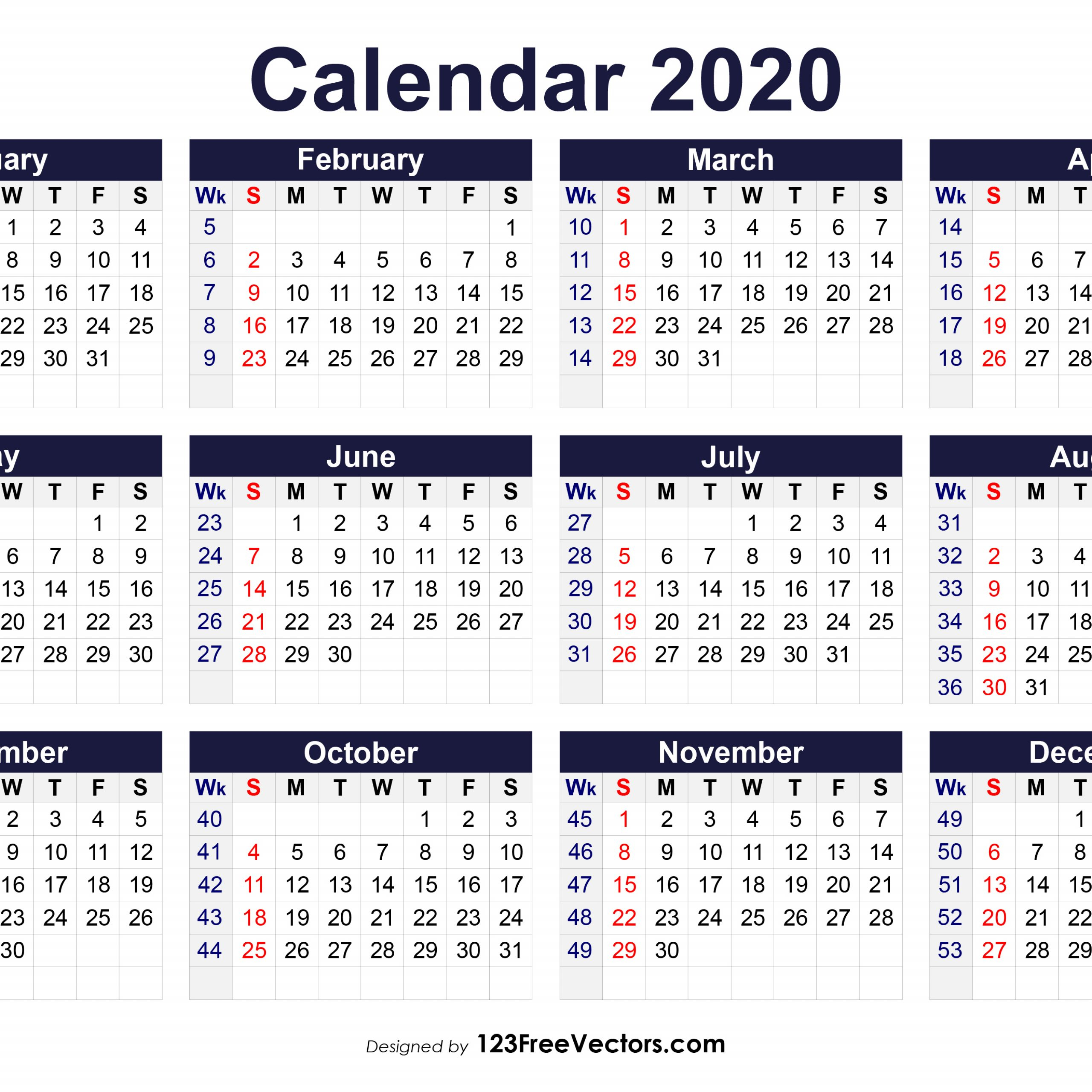 2020 Calendar Showing Week Numbers | Free Printable Calendar