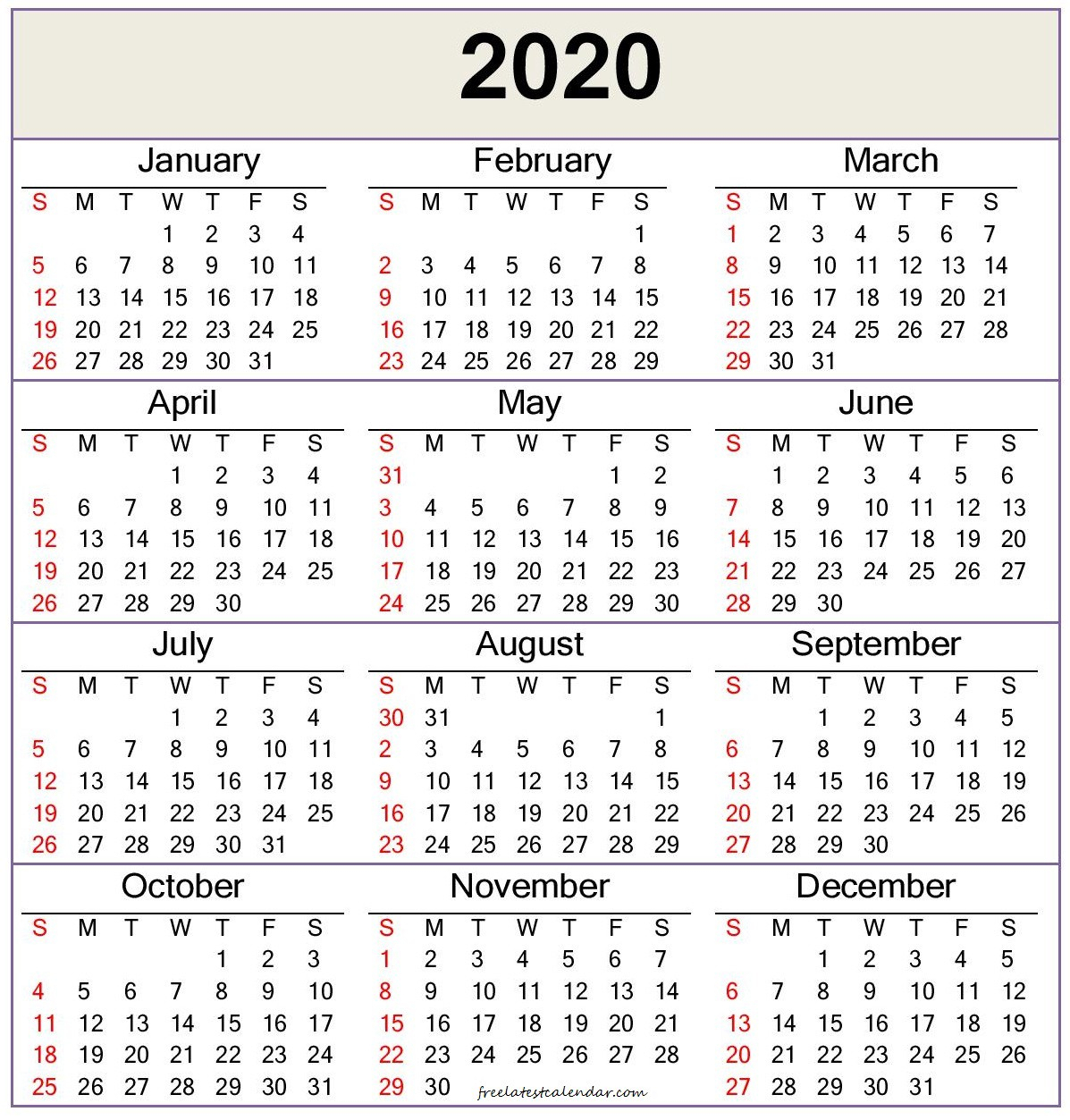 2020 Calendar Template — Word, Pdf - Free Latest Calendar