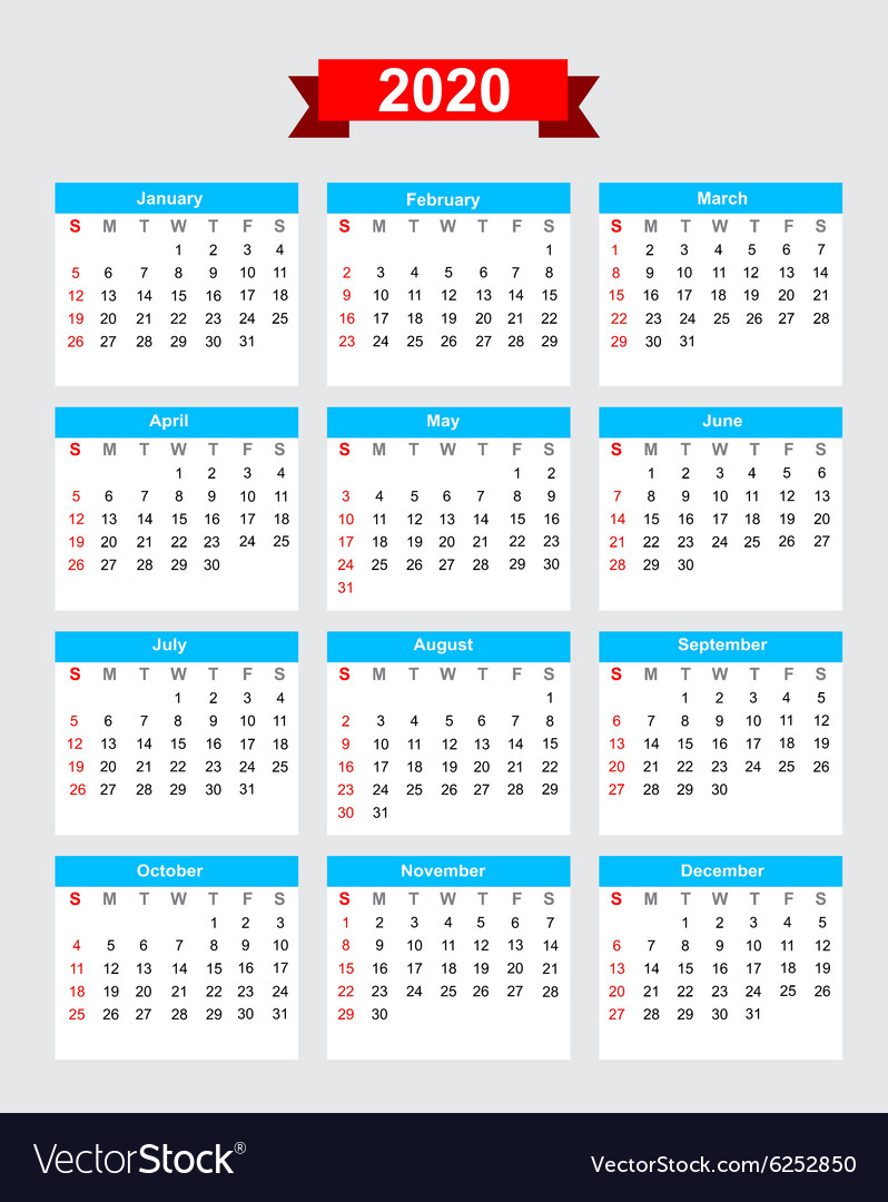 2020 Calendar Week Start Sunday Royalty Free Vector Image