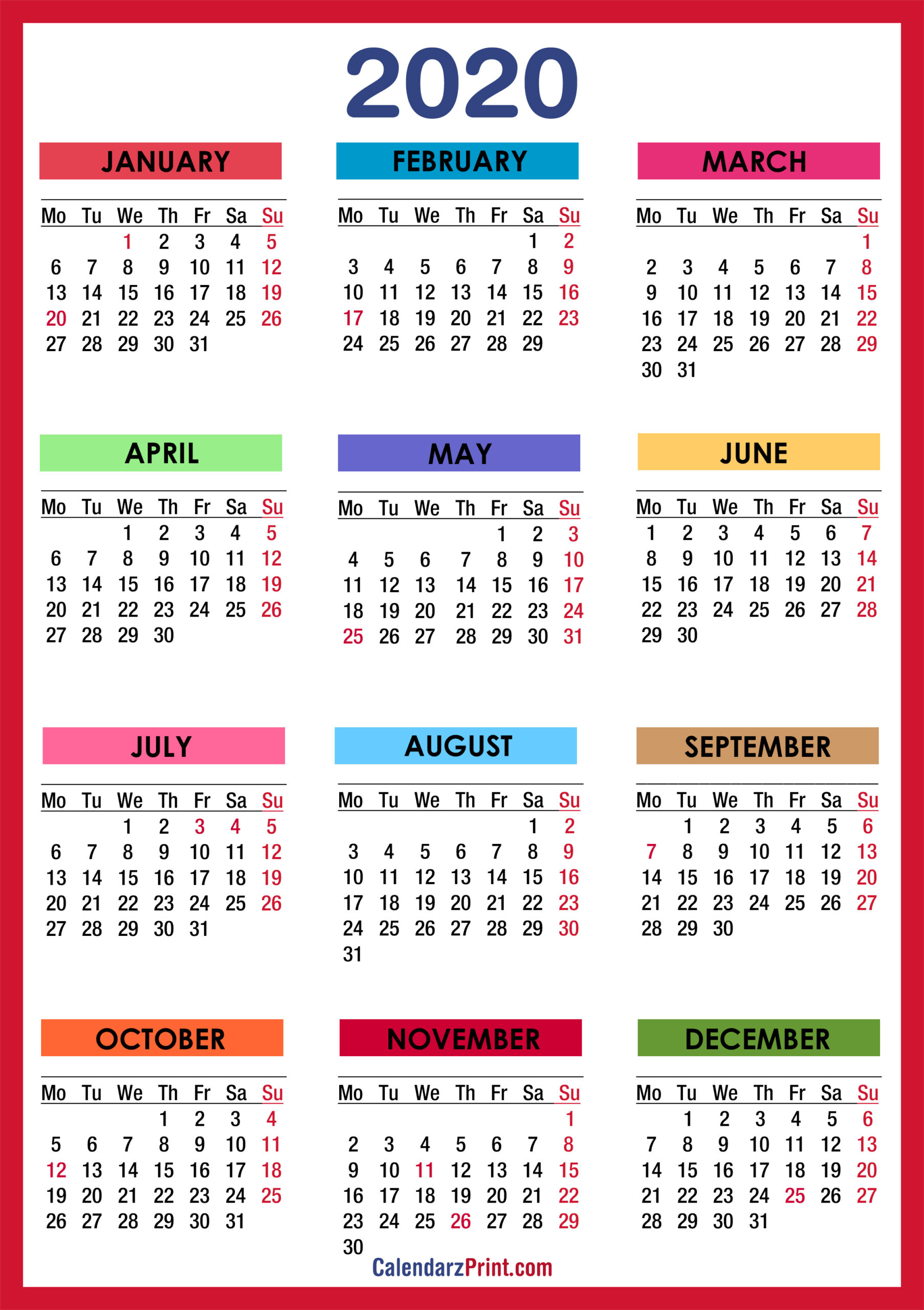 2020 Calendar With Holidays, Printable Free, Colorful, Red