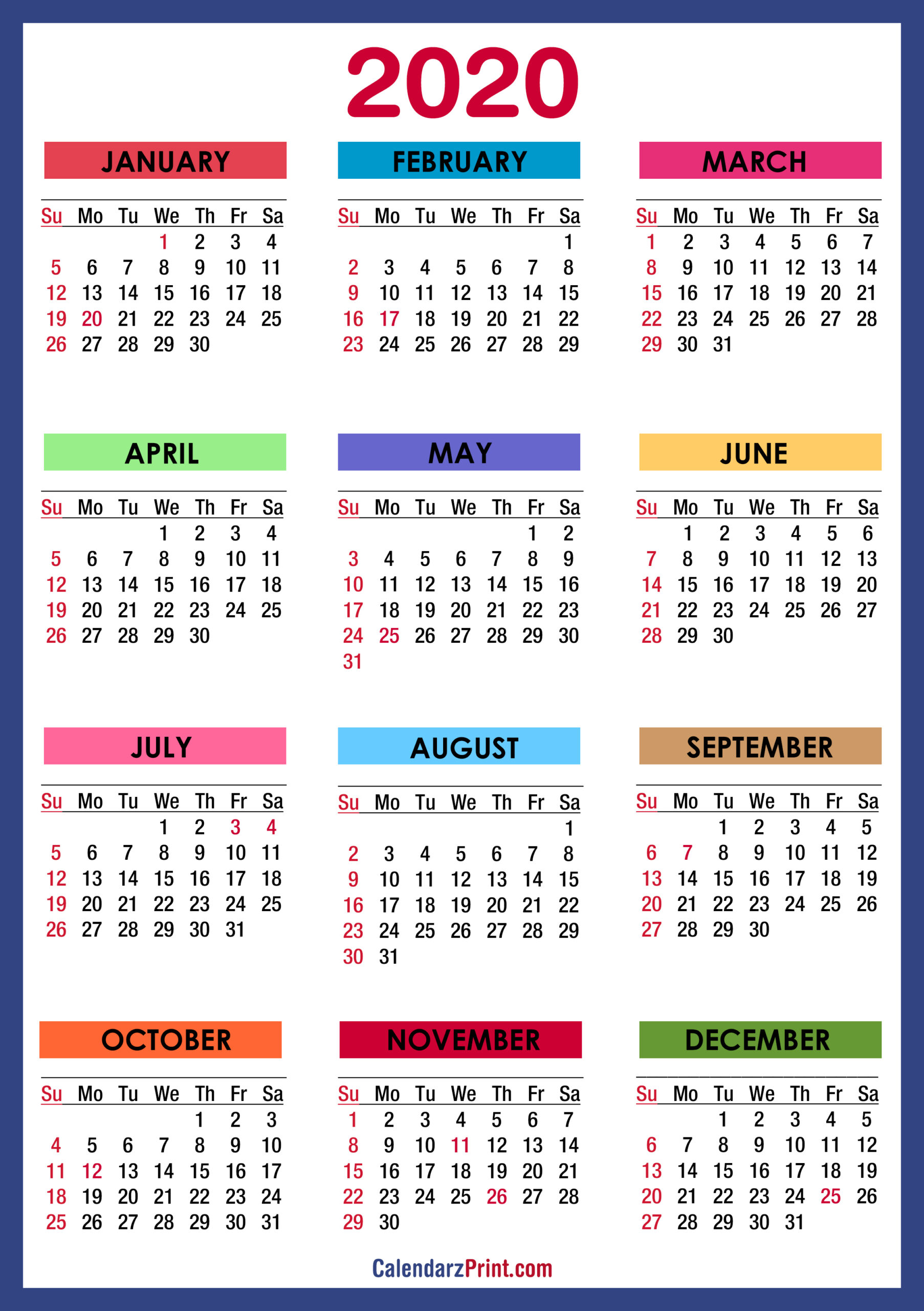 2020 Calendar With Holidays, Printable Free, Colorful