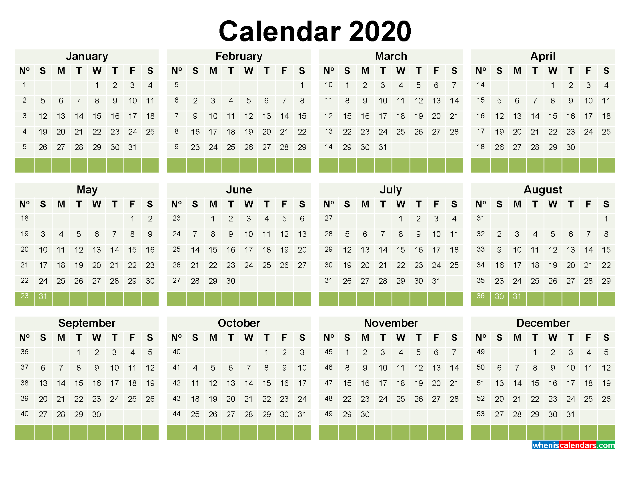 2020 Calendar With Week Numbers Printable Word, Pdf | Free