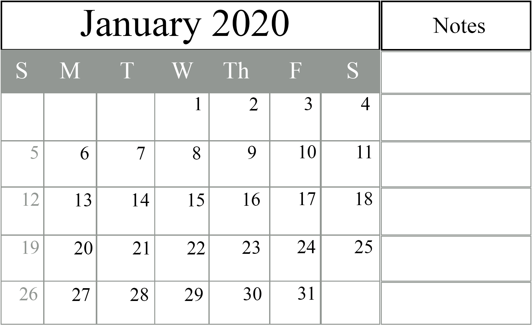 2020 Calender With Space To Write | Calendar Template