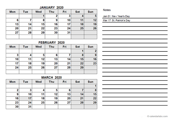 2020 Ireland Quarterly Calendar Template - Free Printable