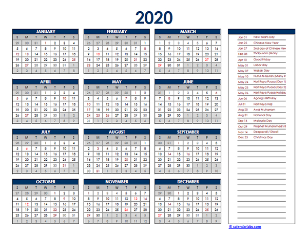 2020 Malaysia Yearly Excel Calendar - Free Printable Templates