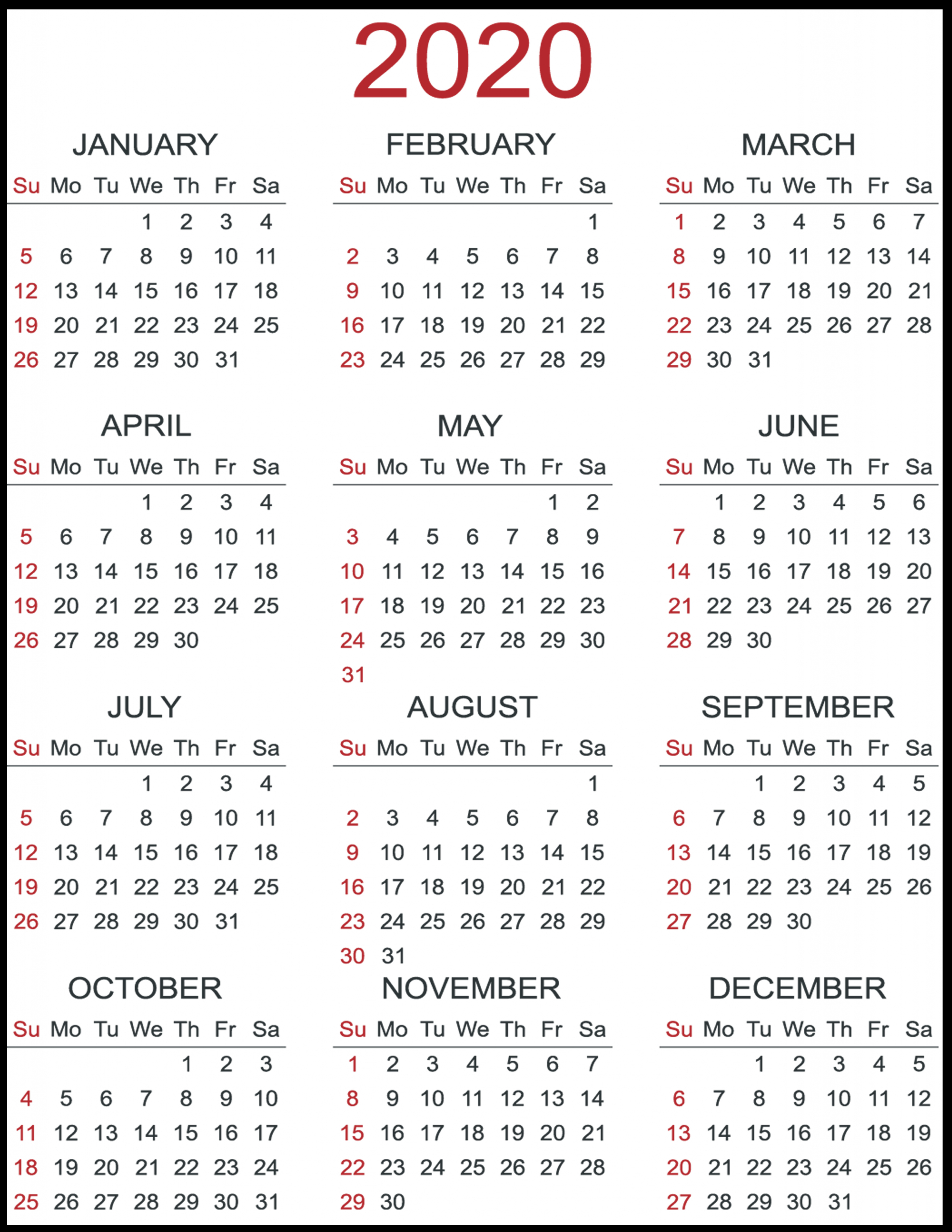 2020 Year Calendar Qld