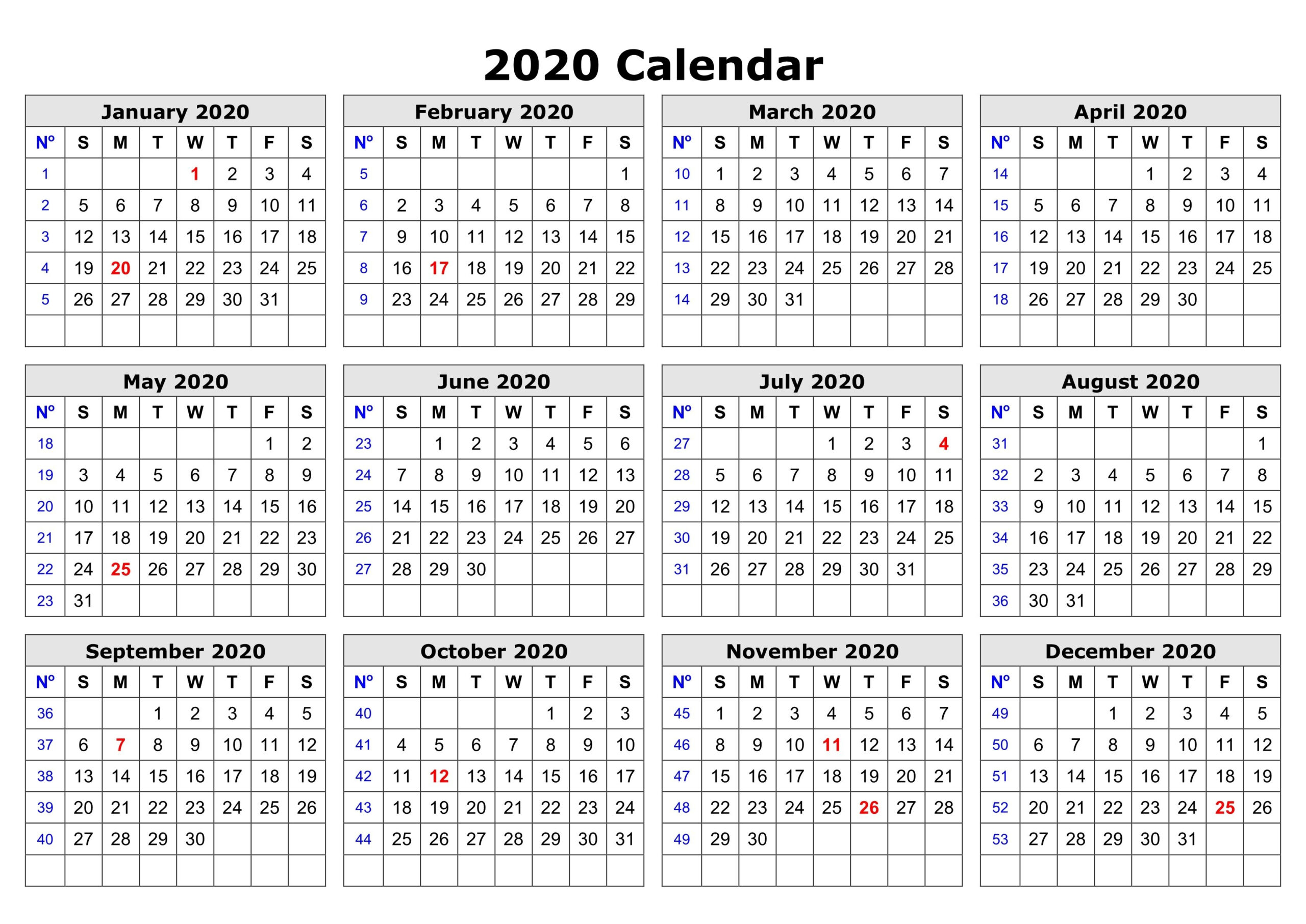 2020 One Page Calendar Printable | Calendar 2020