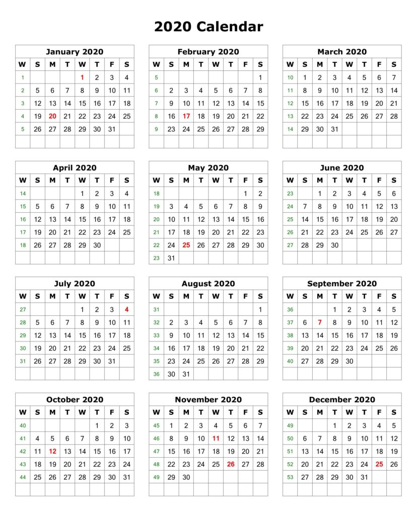 2020 One Page Calendar Printable