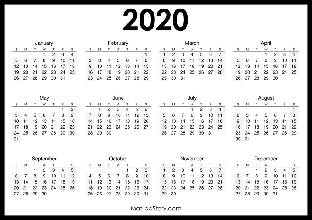 2020 Printable Free Calendar, Horizontal, Black – Sunday