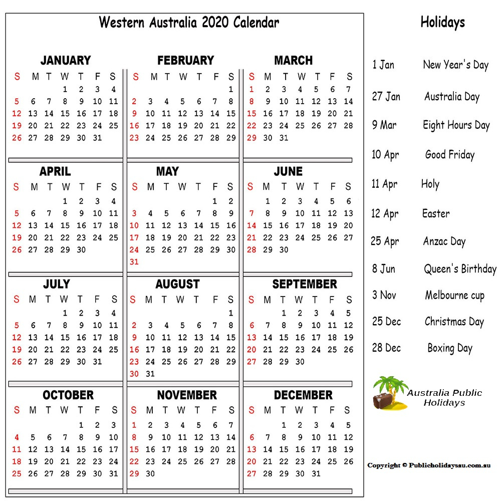 2020 Public Holidays Wa