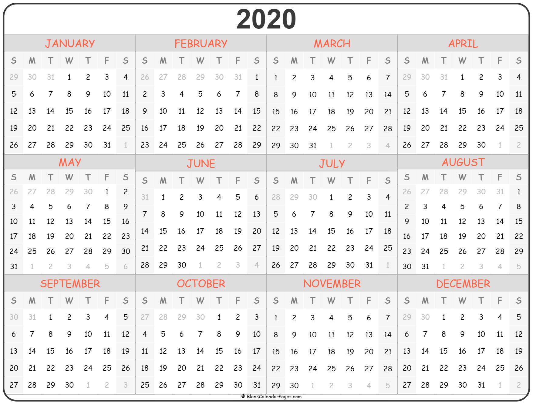 2020 Year Calendar | Yearly Printable