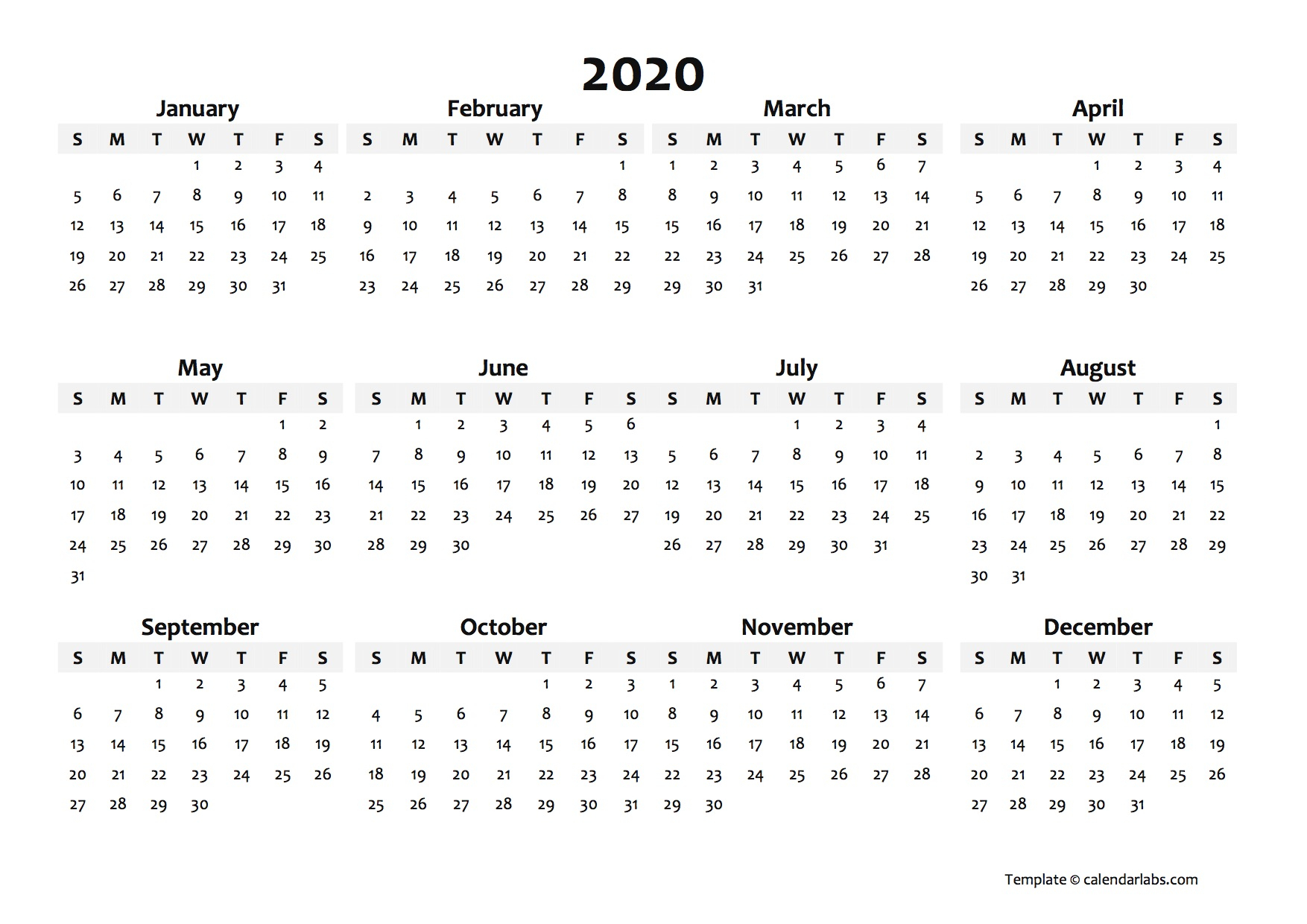 2020 Yearly Blank Calendar Template - Free Printable Templates