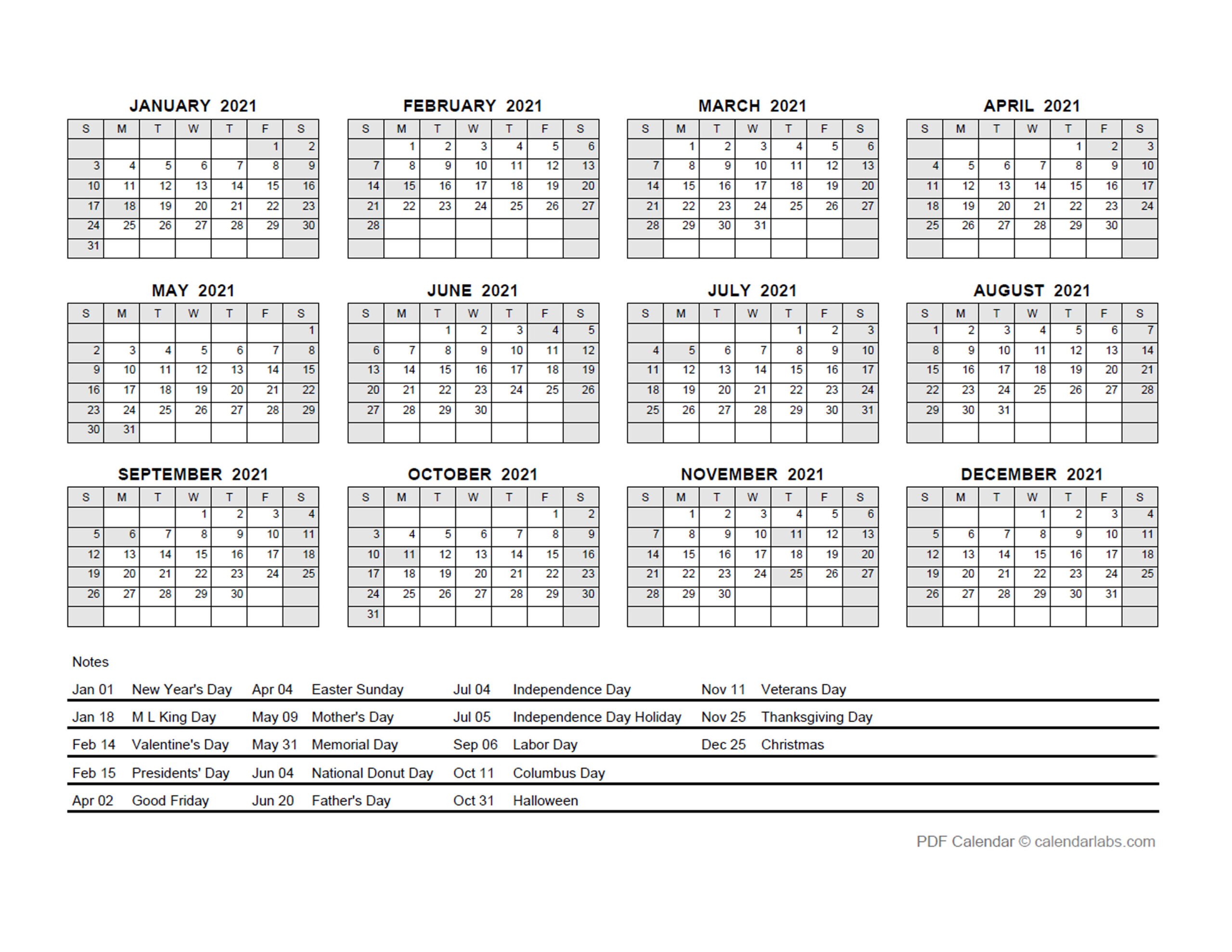 2021 Pdf Yearly Calendar With Holidays - Free Printable