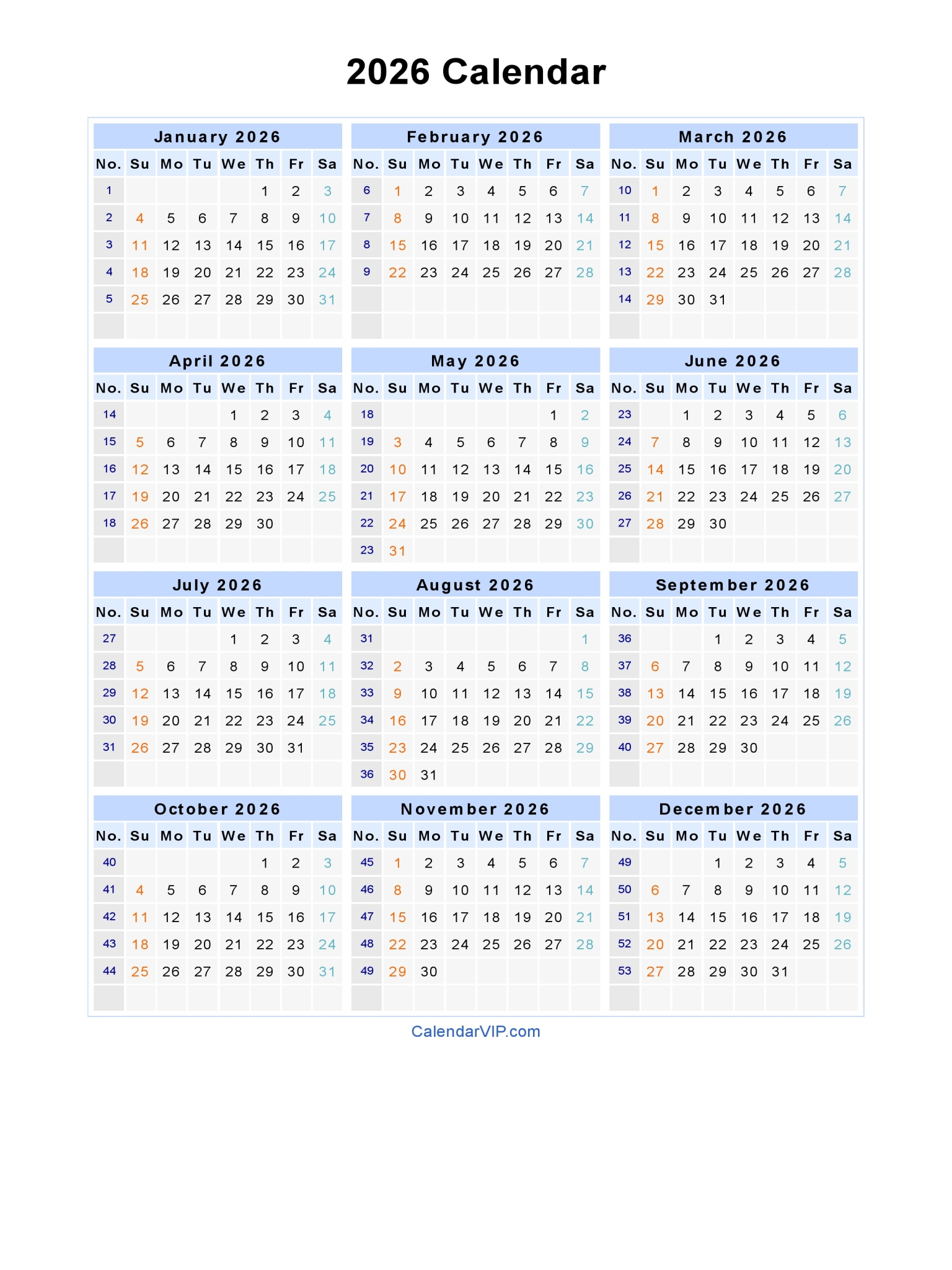 2026 Calendar - Blank Printable Calendar Template In Pdf