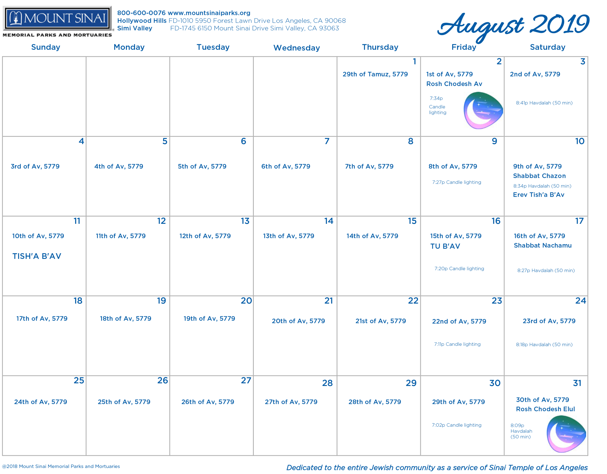 5779 / 5780 Hebrew Calendar - Mount Sinai Memorial Parks