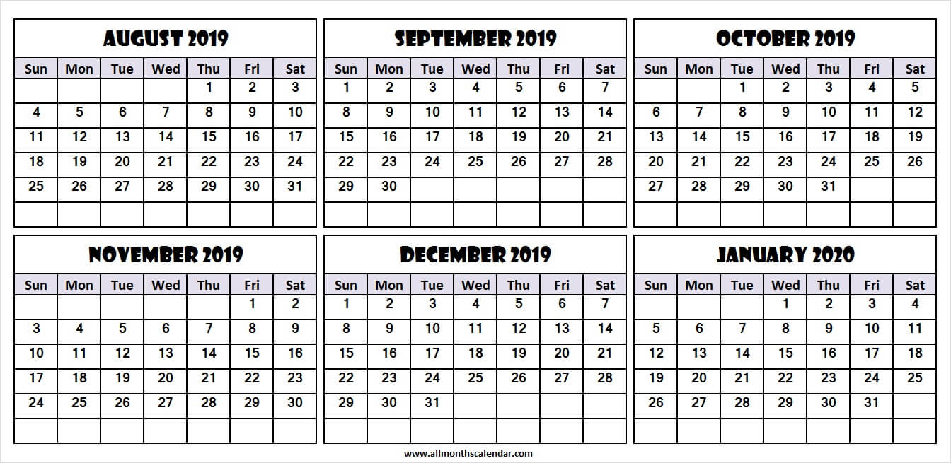 6 Month Calendar August 2019 To January 2020 | Download 2019