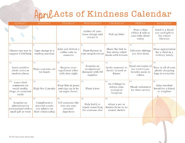 April Acts Of Kindness Calendar