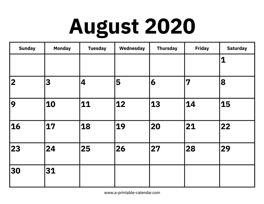 August 2020 Calendar - Free Download - Aashe