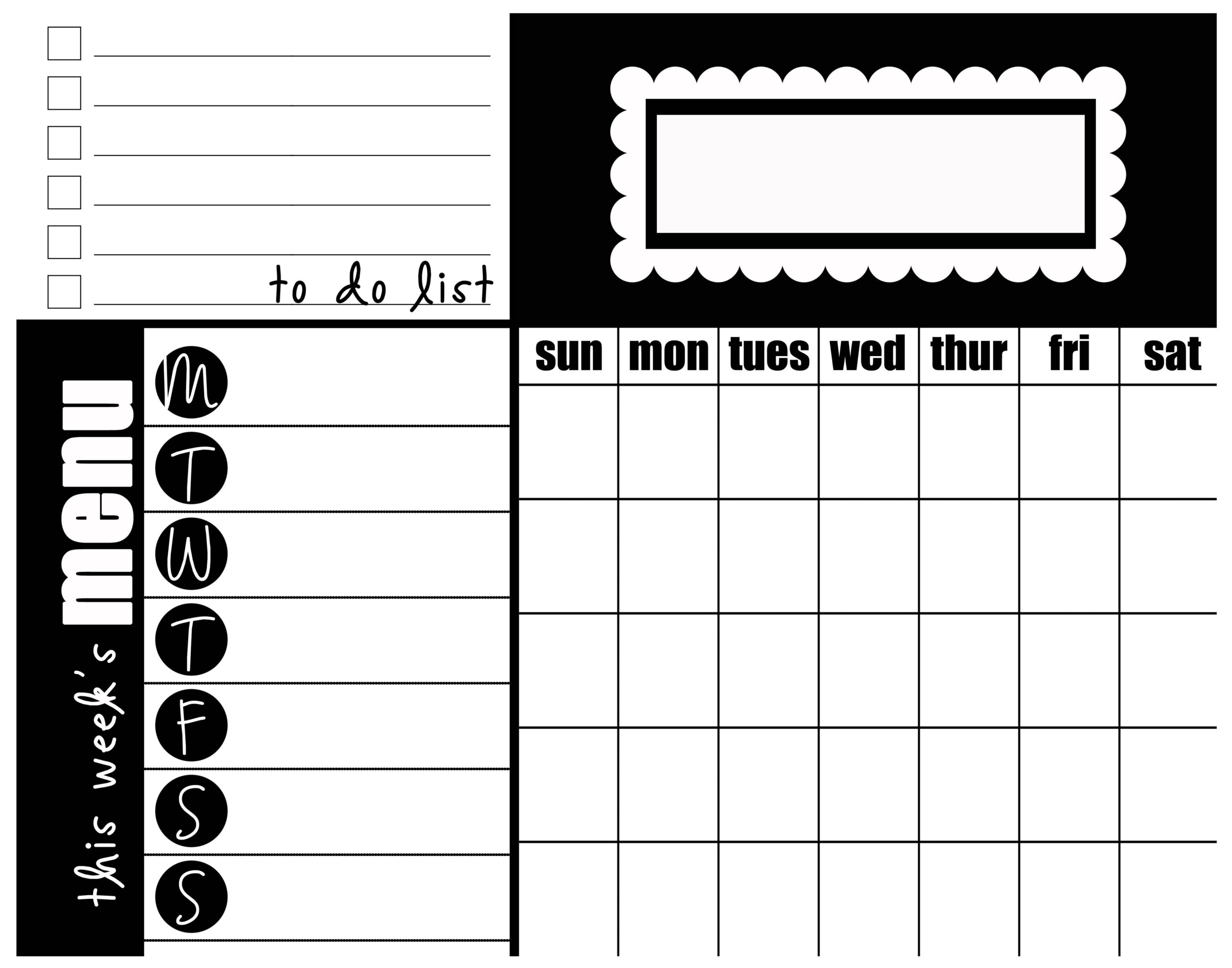 Black &amp; White Calendar, Menu, To Do List, Blank Card