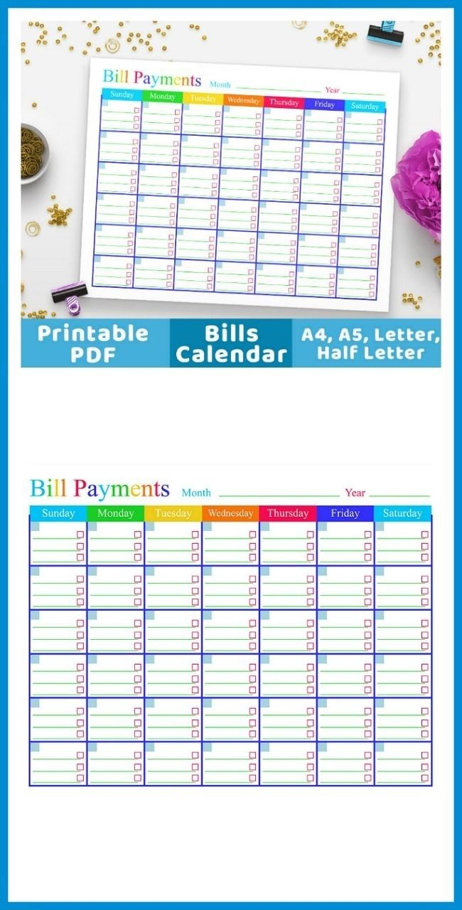 Blank Bill Calendar Printable Colorful | Calendar Template