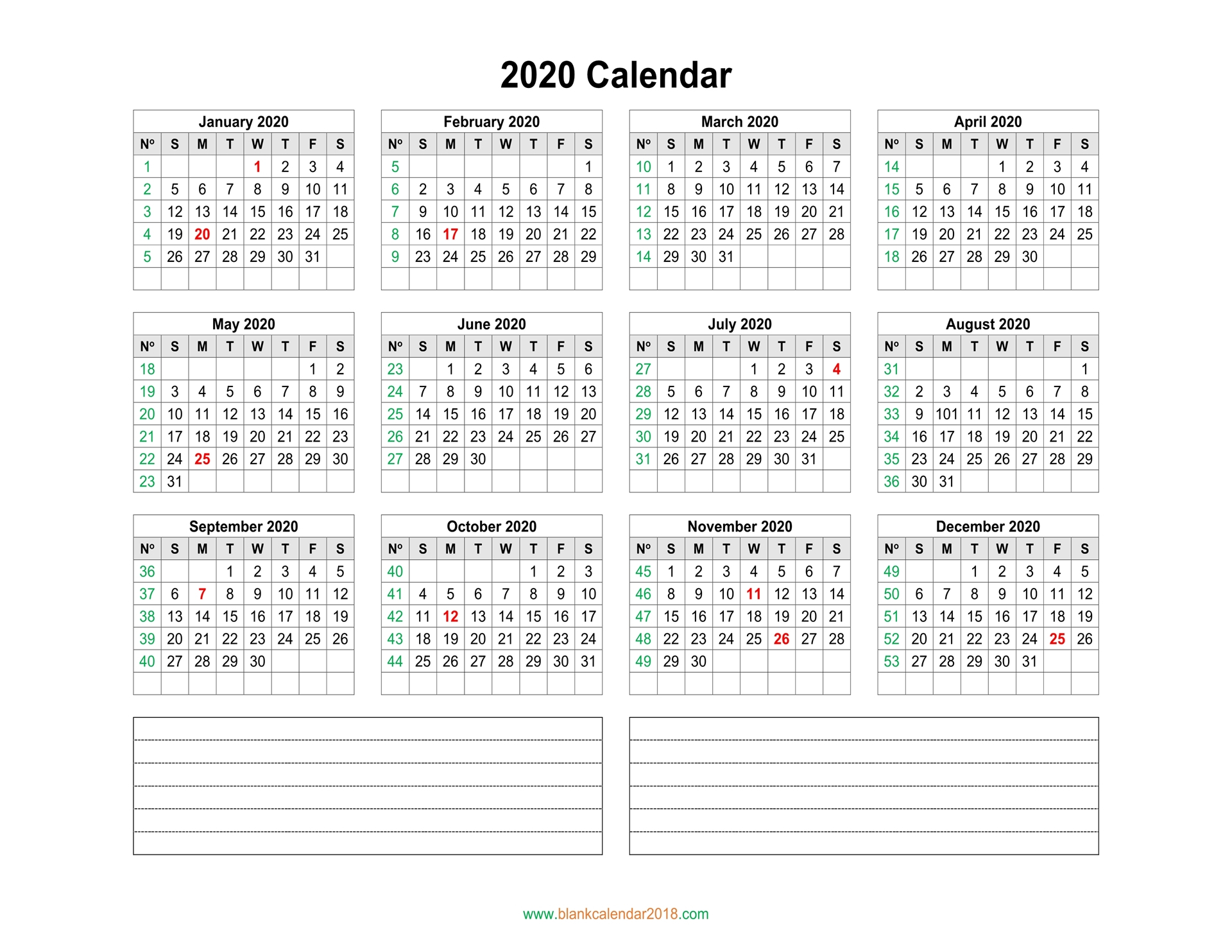 Blank Calendar 2020 With Notes Landscape