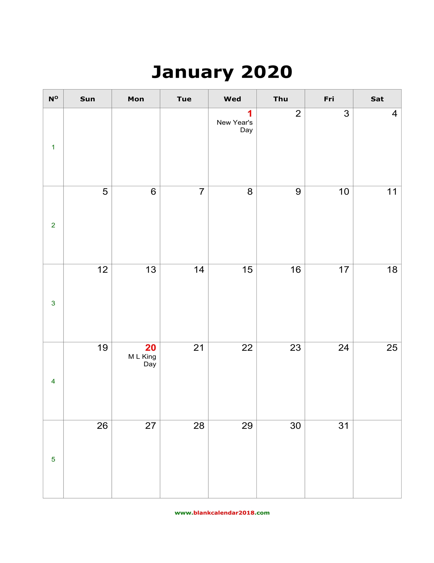 Blank Calendar For January 2020