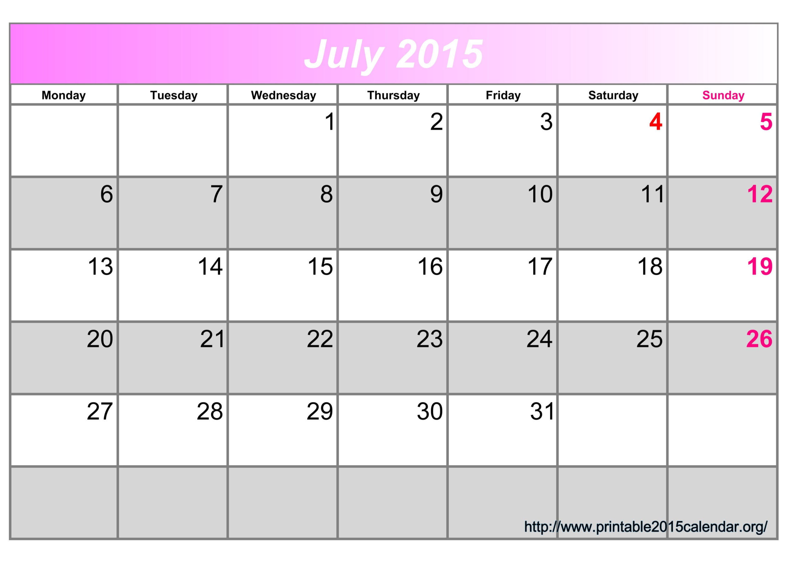 Blank July 2015 Calendar Printable | Calendar June 2015