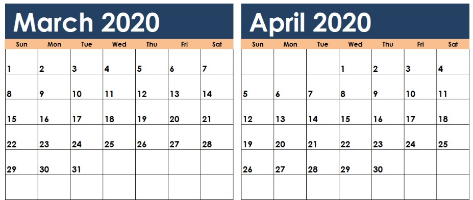 Blank March April 2020 Calendar Printable Templates In