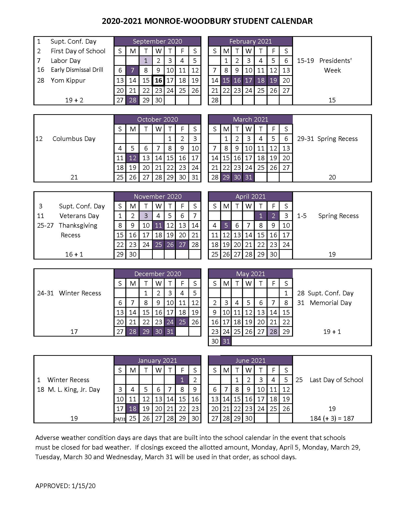 Boe Adopts 2020-2021 Student Calendar - Monroe-Woodbury