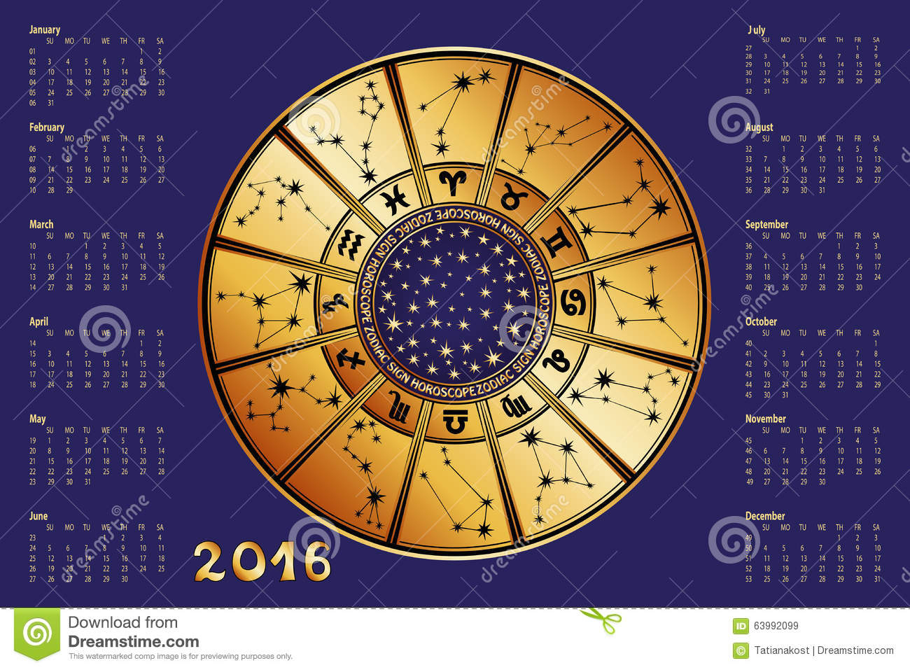 Calendar 2016.Horoscope Circle.zodiac Sign Stock Vector