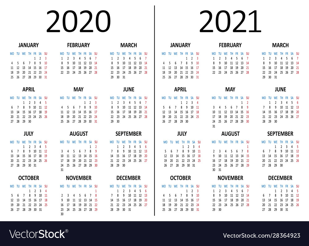 Calendar 2020 2021 Week Starts From Monday Vector Image