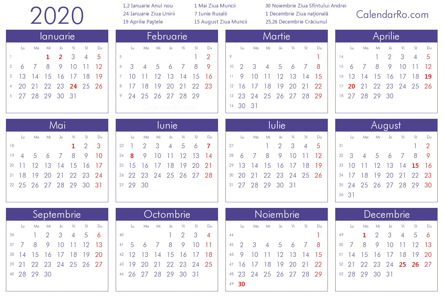 Calendar 2020 Cu Zile Libere | Calendar Template Printable