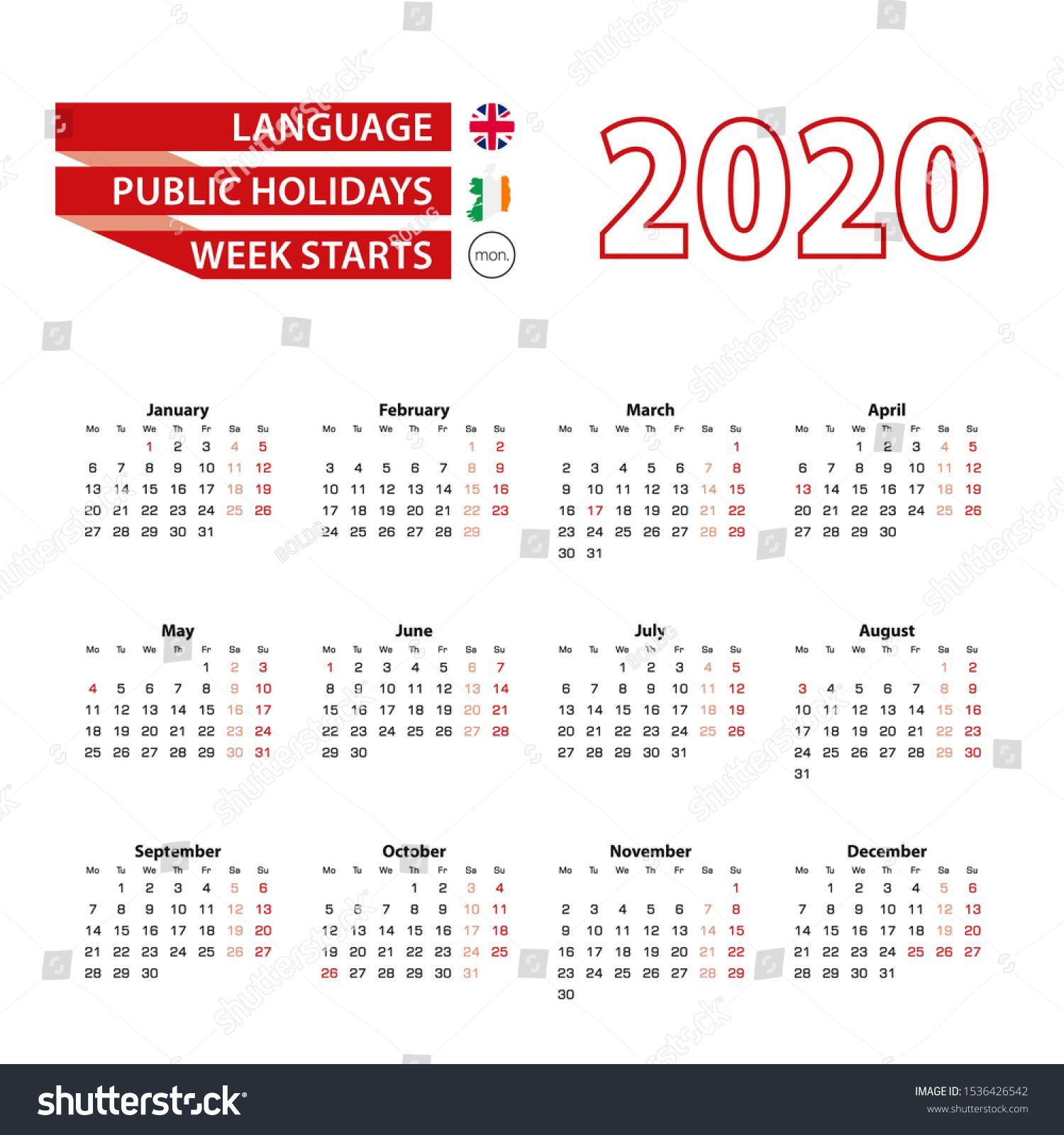 Calendar 2020 In English Language With Public Holidays The