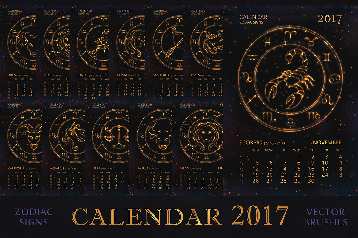 Calendar For 2017 Year With Zodiac Signs. On Behance