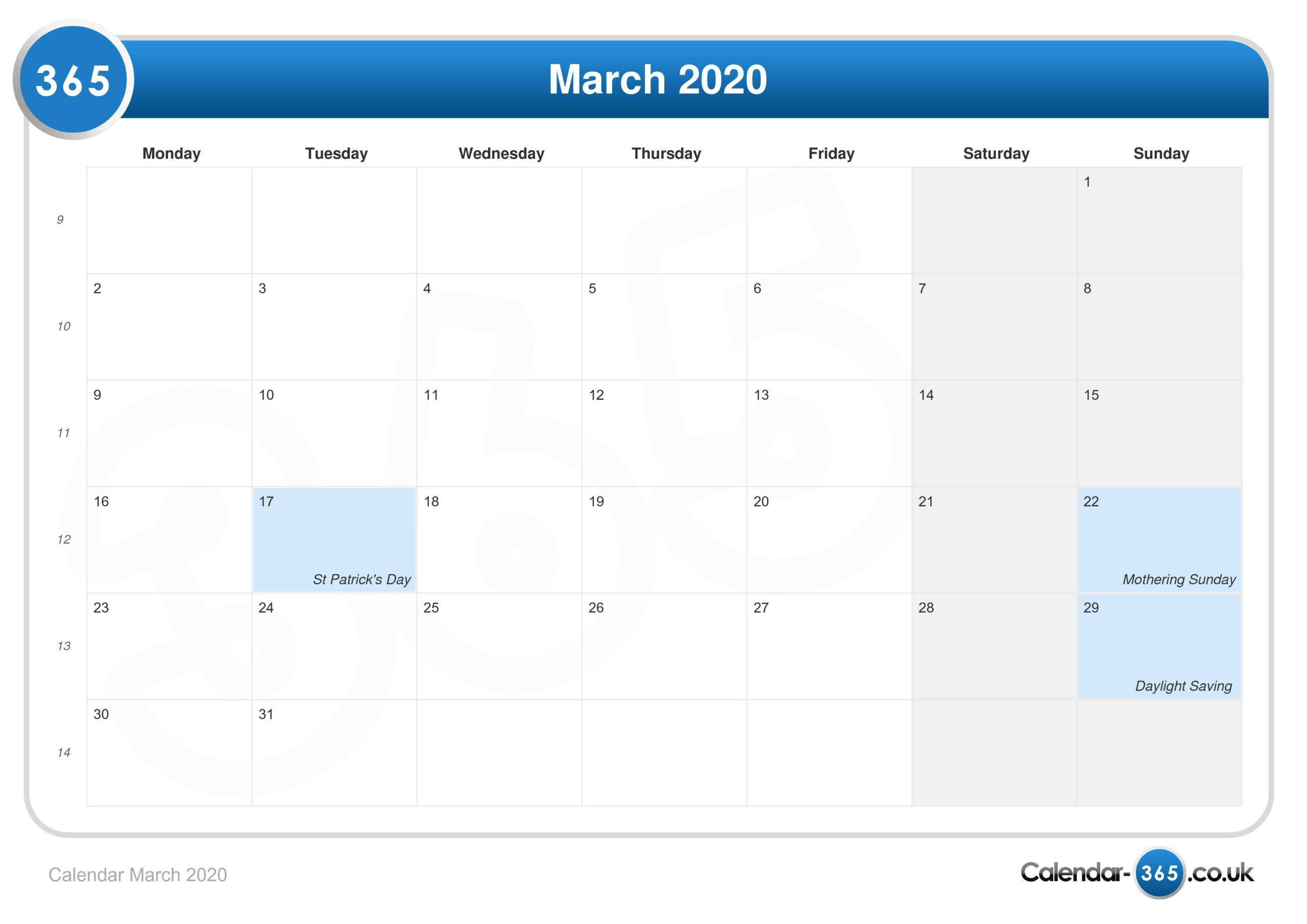 Calendar March 2020