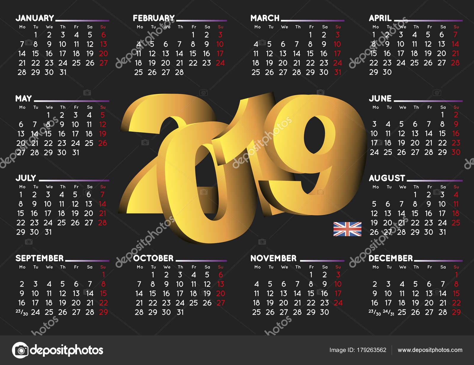 Calendario 2019 En Reino Unido Horizontal Negro Inglés