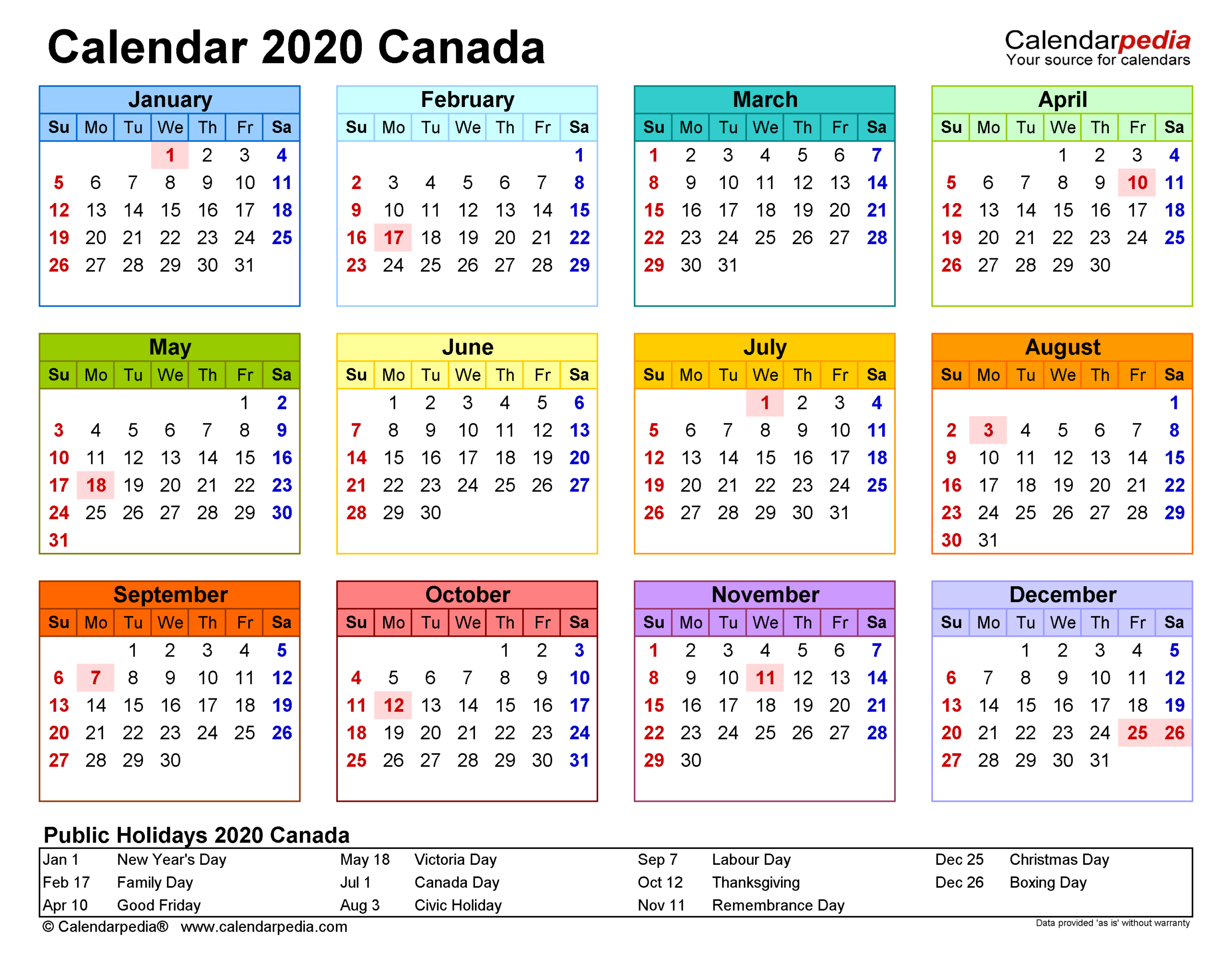 Free Printable Calendar Canada