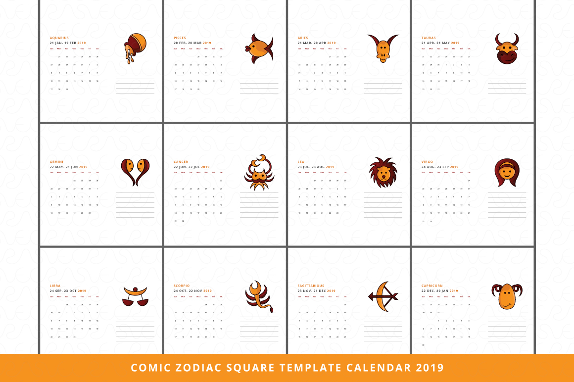 Comic Zodiac Calendar 2019 Vector Templates (185811