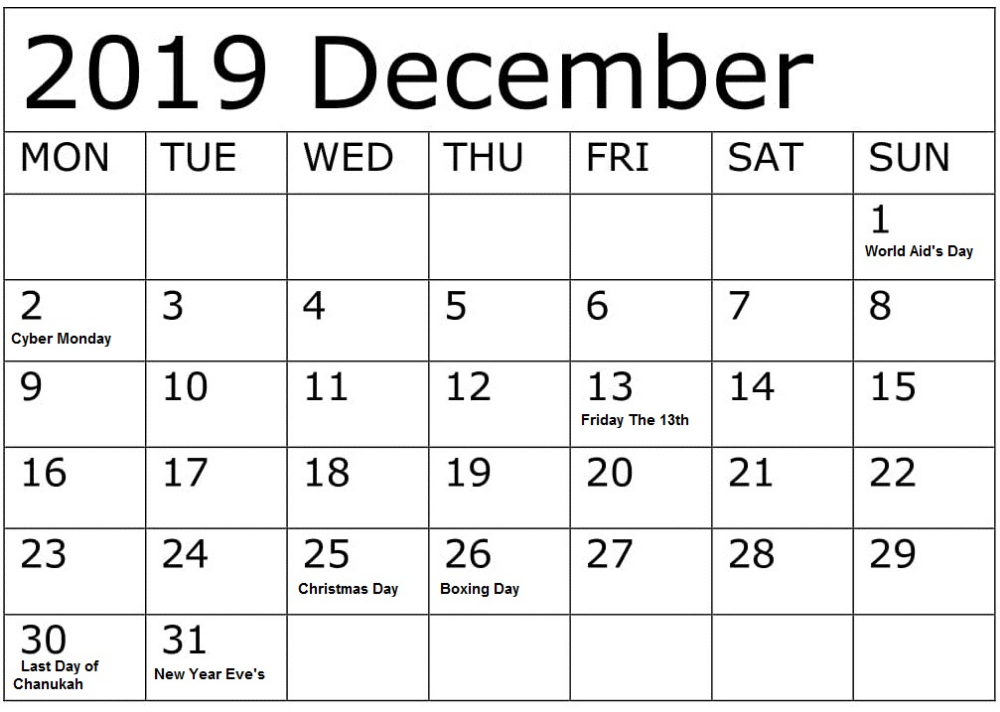 December 2019 Calendar With Federal Holidays Printable