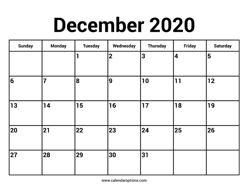 December 2020 Calendar – Calendar Options